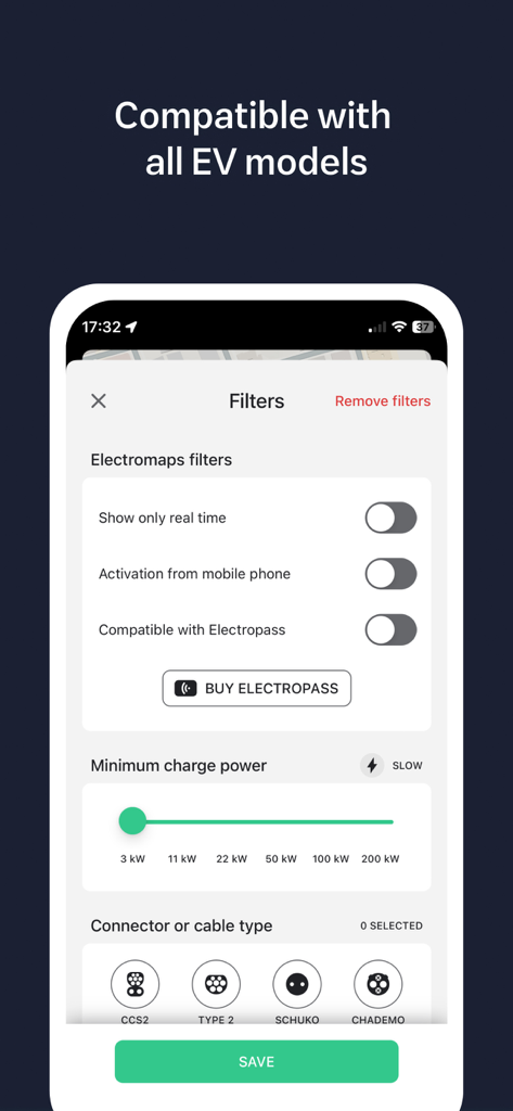Electromaps: Charging stations - Electromaps app screen showing filters for EV charging stations including power levels and connector types.