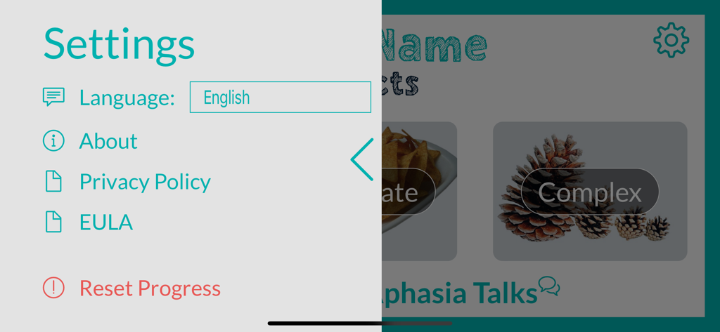 Cue Name - Objects - Cue Name Objectsアプリの設定画面、言語選択と進捗リセットオプションを表示