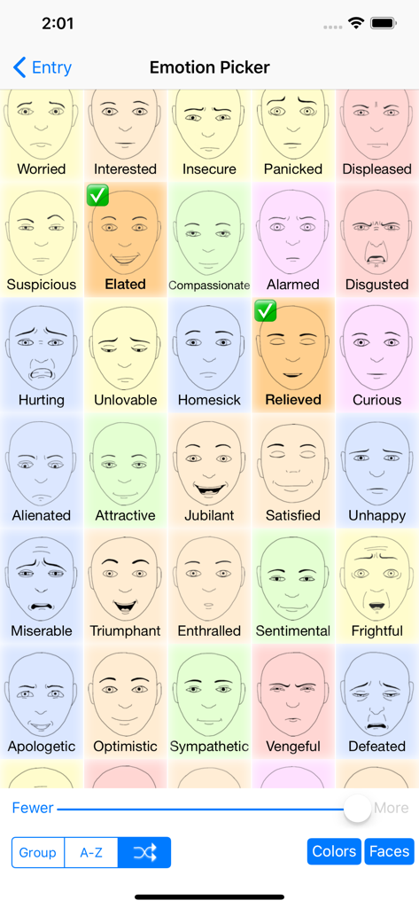 Mood-Log - A grid of various hand drawn faces labeled with different emotions in the Mood-Log app interface.