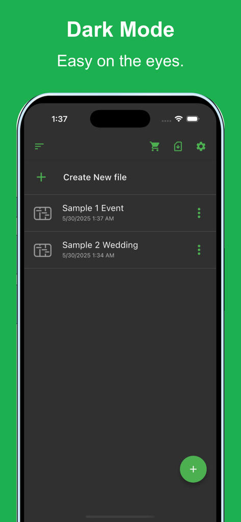 GanttchartAI: GanttChart by AI - プロジェクトファイルリストを表示するダークモードのGanttchartAIモバイルアプリインターフェイス。