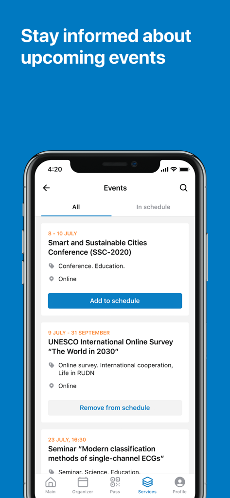 RUDN University - Una pantalla de la aplicación móvil titulada Eventos que muestra una lista de conferencias y seminarios universitarios con opciones para agregarlos a un horario personal.