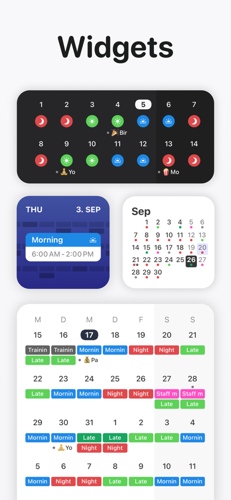 Preview of various iOS widgets from Supershift showing shift schedules with color coded icons and calendar views