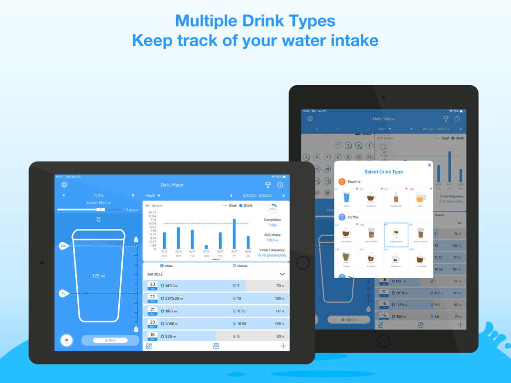 음료 선택 메뉴와 수분 섭취 추적 통계가 포함된 Daily Water Pro iPad 앱 인터페이스