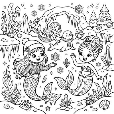 Discover the magic of winter under the sea with this delightful coloring page featuring playful child mermaids. Join them in their icy wonderland alongside a charming seal, perfect for hours of creative fun.