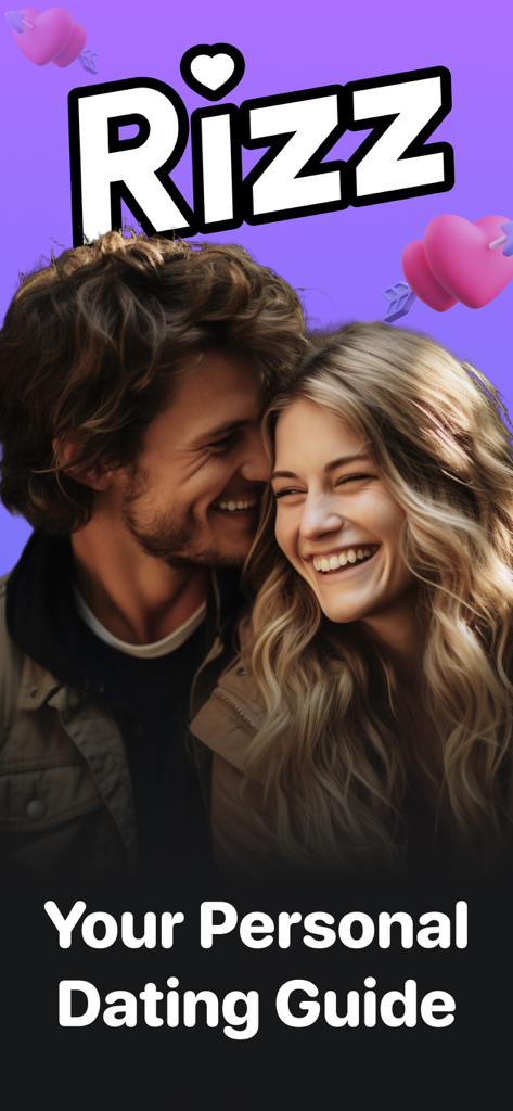 Rizz AI Talk: Dating Assistant - Intro screen for Rizz AI app featuring a happy couple smiling together and the text Your Personal Dating Guide