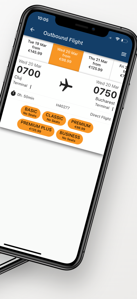 HiSky - Bildschirm zur Flugauswahl in der HiSky Mobile-App mit Ticketpreisen und Tarifklassen für eine Reise nach Bukarest
