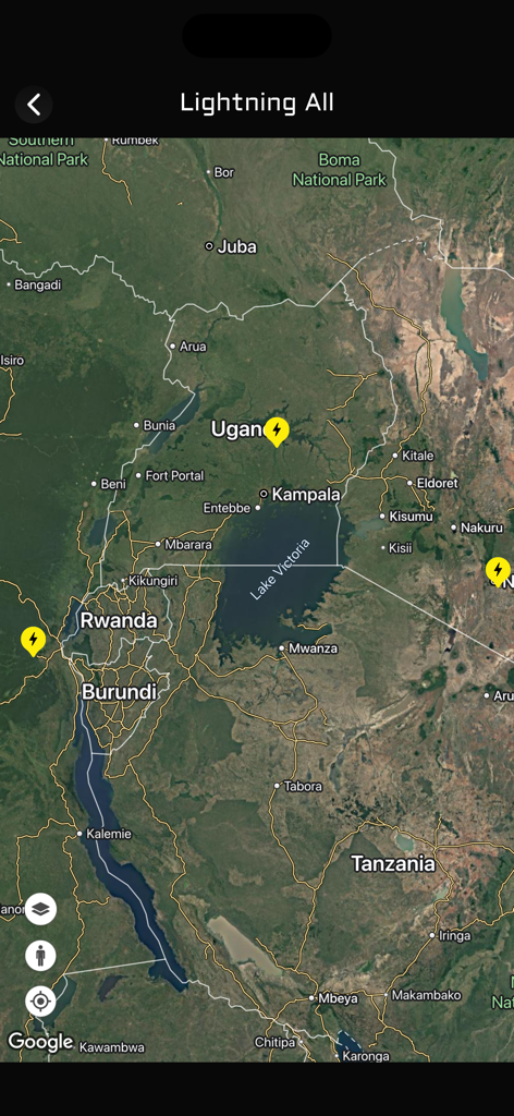 Lightning on Map : LR Tracker - Interactive satellite map displaying real-time lightning strikes with yellow bolt markers over geographical regions