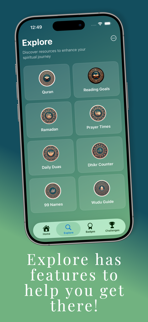 Niyyah Journey - The Explore screen of the Niyyah Journey app displaying a grid of Islamic resources including Quran, Prayer Times, Ramadan, and Dhikr Counter.