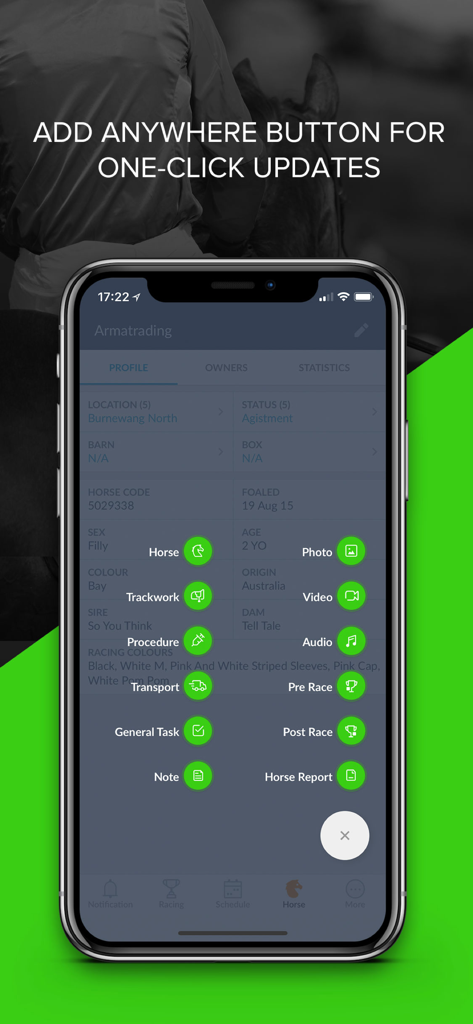 Un'interfaccia mobile dell'app Prism che mostra il menu di aggiornamento con un clic per le attività di gestione dei cavalli.