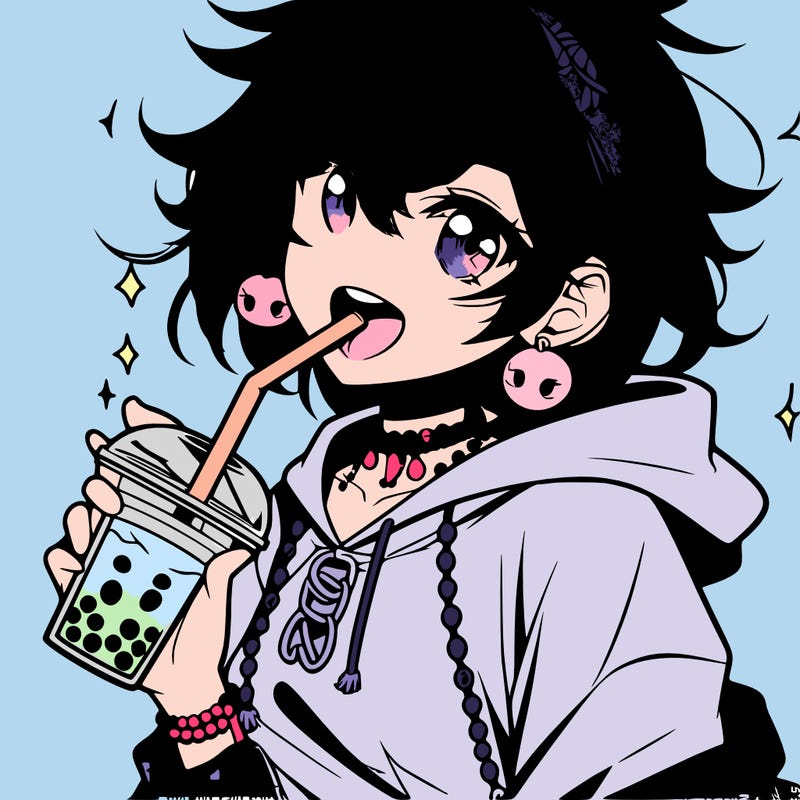 hot baddie anime girl drinking boba and biting the straw