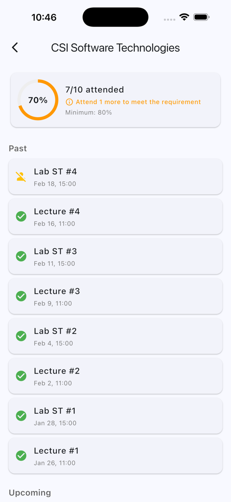 Eventor Play - Eventor Play attendance dashboard showing percentage progress and history of past lectures and labs