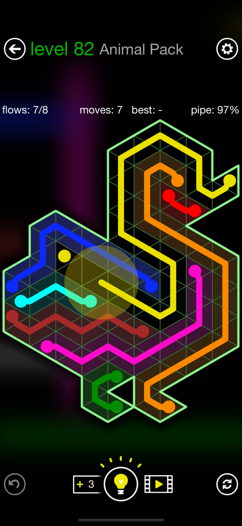 Flow Free Shapes gameplay showing a duck shaped puzzle board with colorful lines