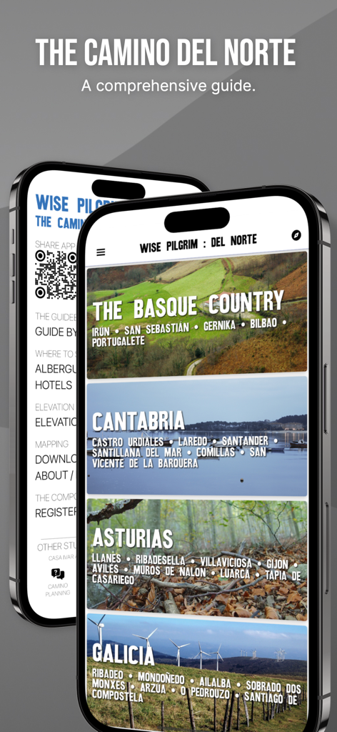 Wise Pilgrim Camino del Norte - A smartphone displaying the Wise Pilgrim Camino del Norte app regional guide for Basque Country Cantabria Asturias and Galicia.