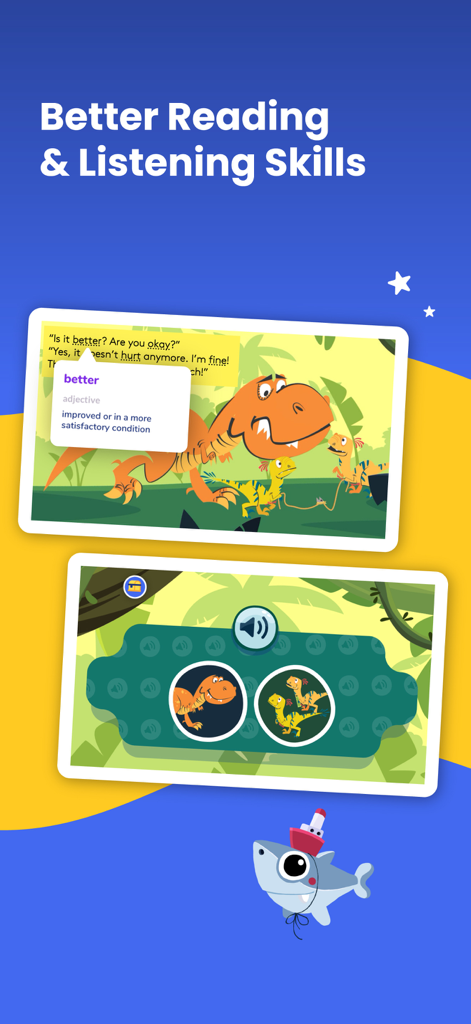 BOOKR Class Learn English - Interfaz educativa de la aplicación BOOKR Class que muestra una historia de dinosaurios animada y un juego de comprensión auditiva