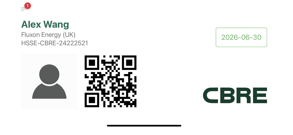 Digital Safety Passport interface in the CBRE SAFE app displaying user credentials and a scanable QR code