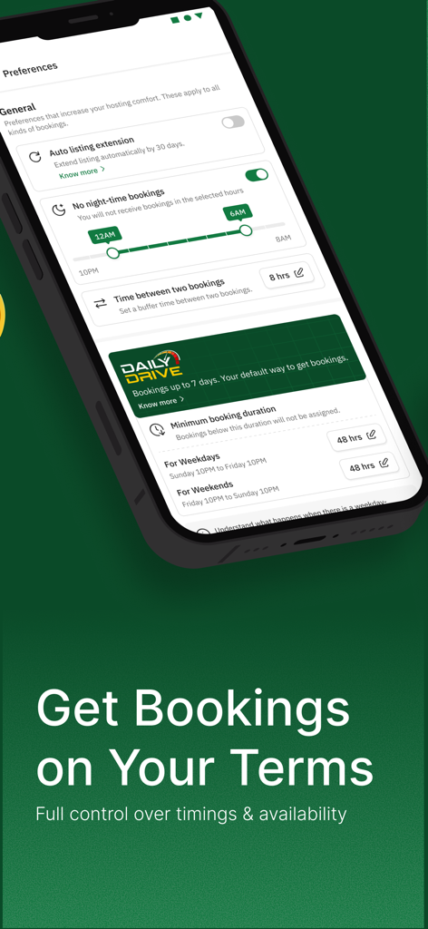 Interfaz de la aplicación Zoomcar para que los anfitriones gestionen los horarios de reserva y las preferencias de disponibilidad del vehículo.
