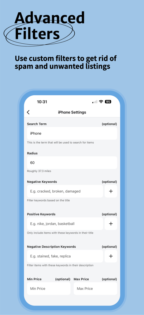 Interface montrant les filtres de recherche avancée pour les alertes du marché, y compris les mots-clés négatifs et le rayon.