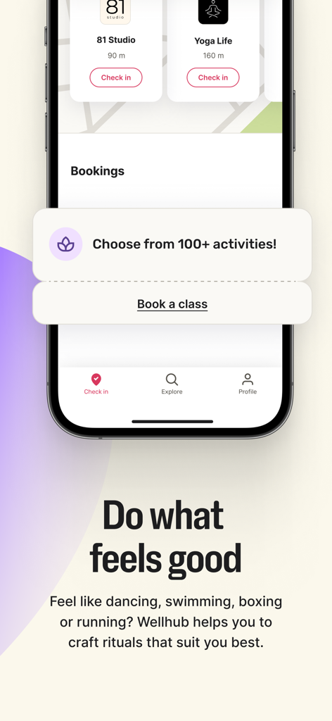 Interfaz de la app Wellhub mostrando check-ins en gimnasios y estudios de yoga con una indicación para reservar entre más de 100 actividades.