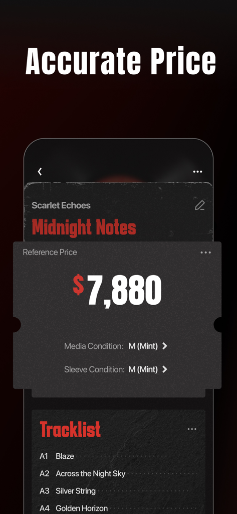 VinylSnap app interface showing a vinyl record reference price of 7880 dollars with tracklist details