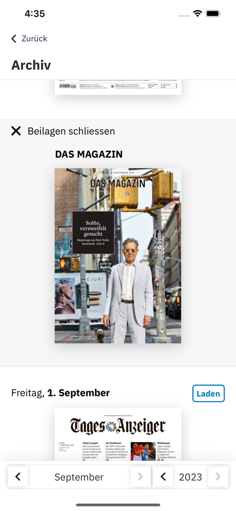 Pantalla de archivo digital de la aplicación Tages Anzeiger E Paper mostrando ediciones de periódicos y suplementos de revistas