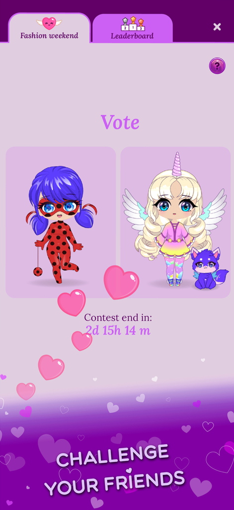 Chibi Dress Up Beauty Salon - Tela de votação do Chibi Dress Up Beauty Salon mostrando duas bonecas personalizadas em uma competição de moda