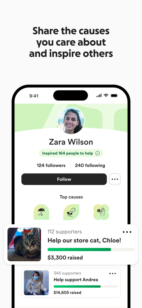 GoFundMe app profile showing a user and their supported fundraisers