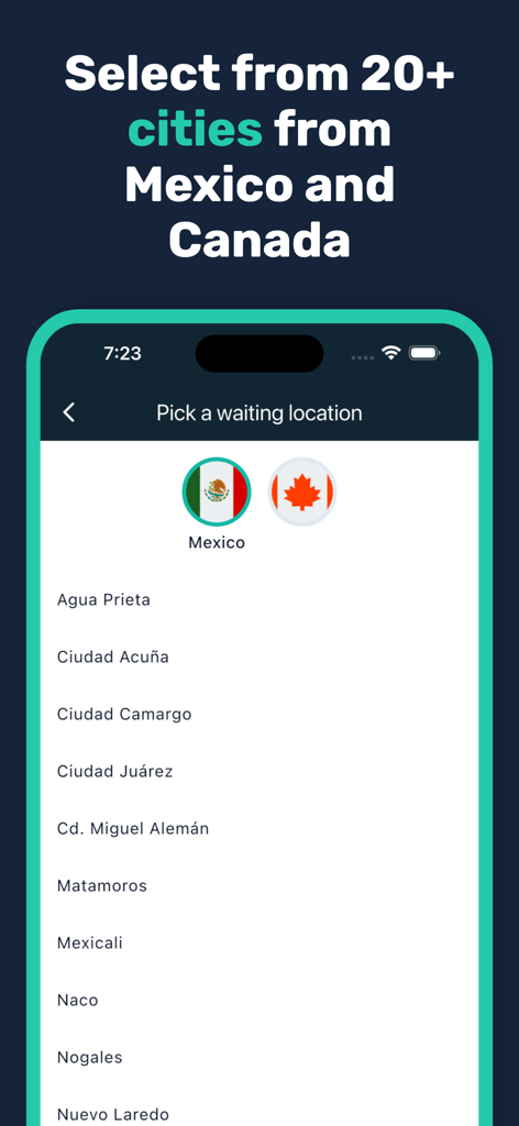 Bordify - Bordify mobile app interface for selecting border crossing cities in Mexico and Canada.