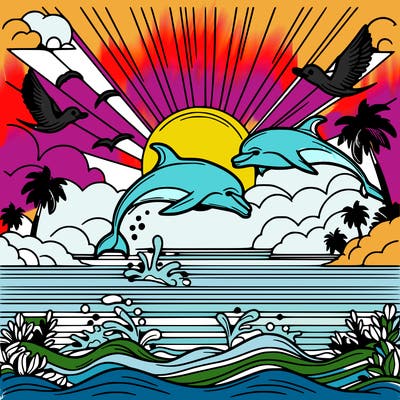 sunset with dolphins and birds in the sky