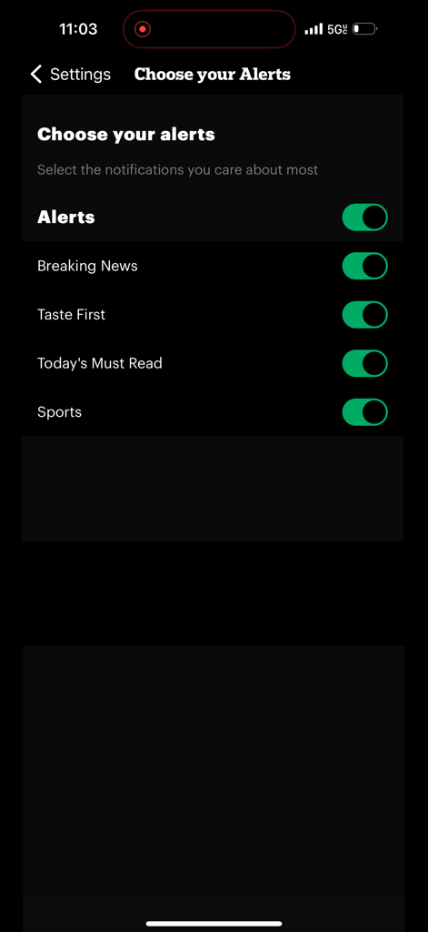 The Minnesota Star Tribune - Notification settings screen for the Minnesota Star Tribune app showing alerts for breaking news and sports