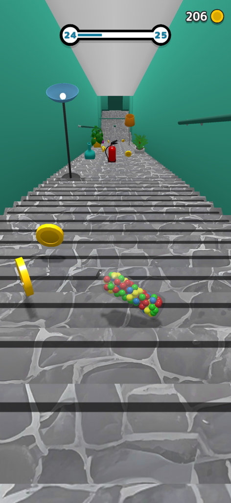 Rolling Down Bottles - A colorful bottle rolling down stone stairs in the Rolling Down Bottles mobile game.