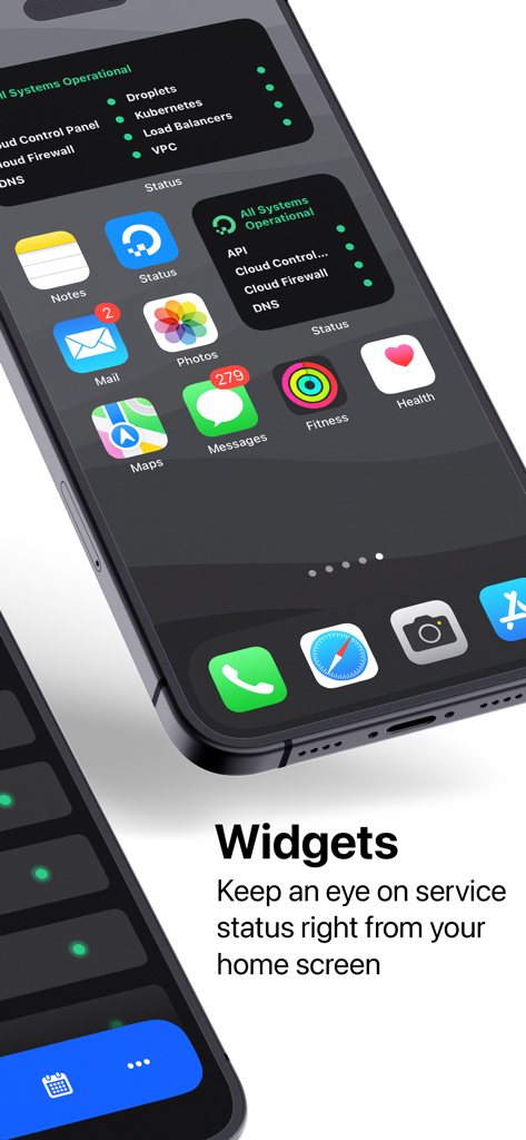 Status for DigitalOcean - DigitalOcean service status widgets on an iPhone home screen showing operational systems
