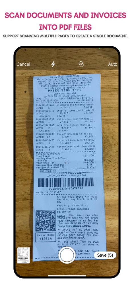 MoneyBay: Expense Manager - MoneyBay app interface scanning a paper receipt to create a PDF document.