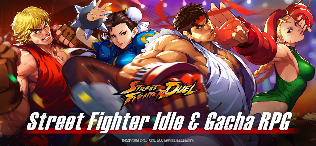 Street Fighter Duel - Idle RPG - Banner promocional de Street Fighter Duel con Ken, Chun-Li, Ryu y Cammy con el título del juego Street Fighter Idle y Gacha RPG