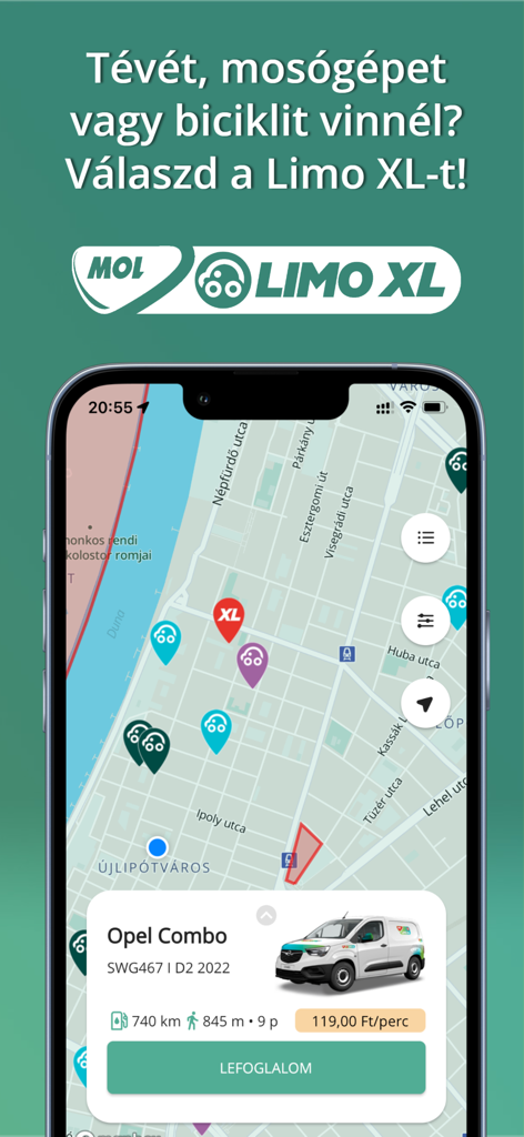 Kartenoberfläche der MOL Limo App, die verfügbare XL-Carsharing-Fahrzeuge in Budapest anzeigt
