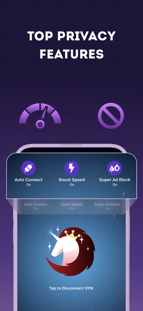Free VPN app interface highlighting top privacy features including auto connect boost speed and ad block