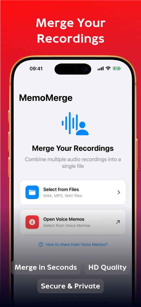 Merge Voice Memos : MemoMerger - Interface of the MemoMerge app on an iPhone showing options to combine multiple audio recordings from Files or Voice Memos