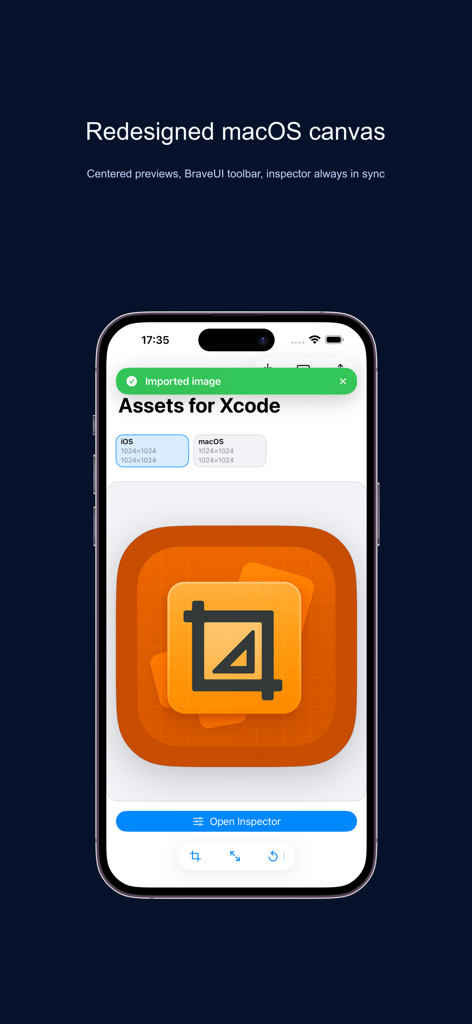 Assets for Xcode app interface showing a redesigned canvas and app icon preview