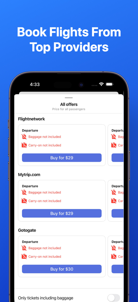 Interfaz de una aplicación móvil que muestra una comparación de ofertas de vuelos baratos de varios proveedores de viajes.