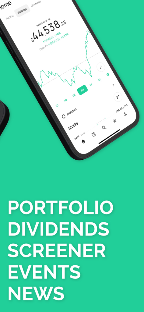 Smartphone displaying the Stock Events app dashboard with portfolio value and market performance chart