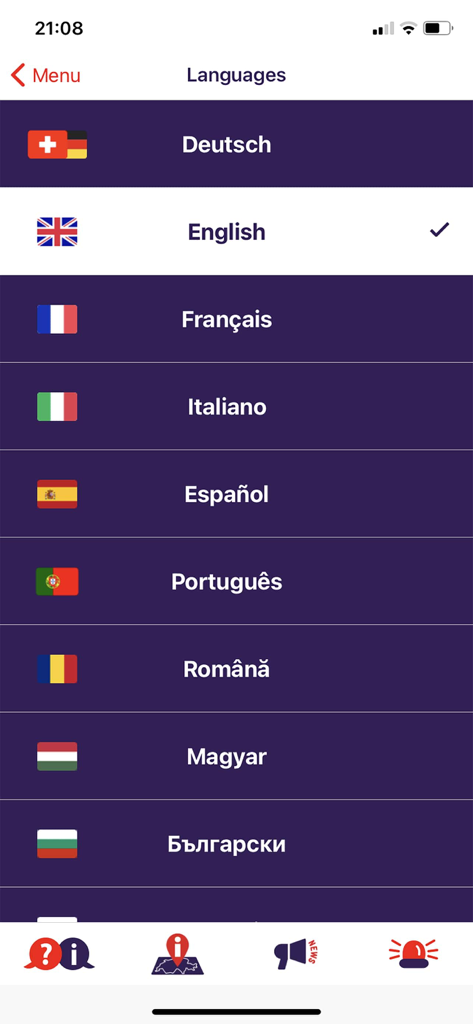 LEXI App - Language selection screen in the LEXI app showing multilingual support for users