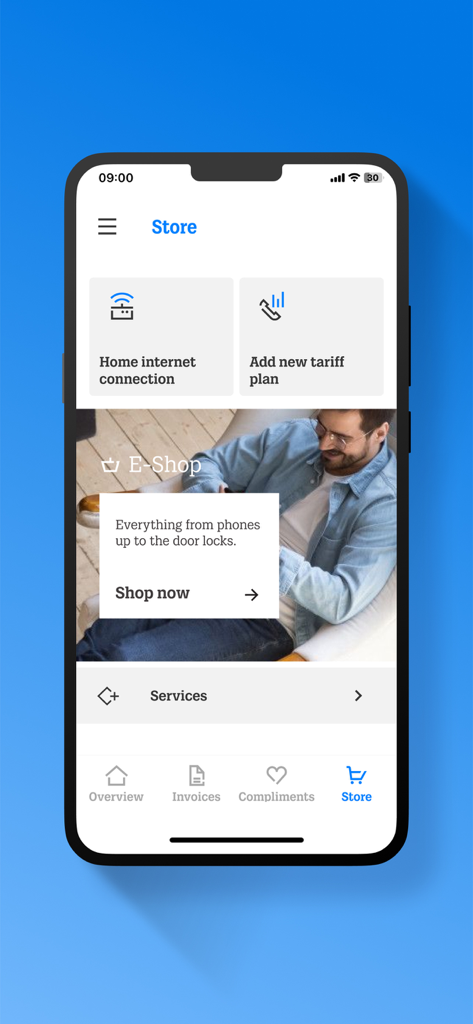 Interface of the Mans Tele2 app store section showing options for home internet tariff plans and an e-shop