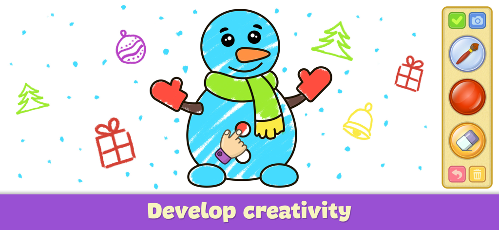 A toddler coloring a digital snowman in the Bimi Boo drawing app to develop creativity.