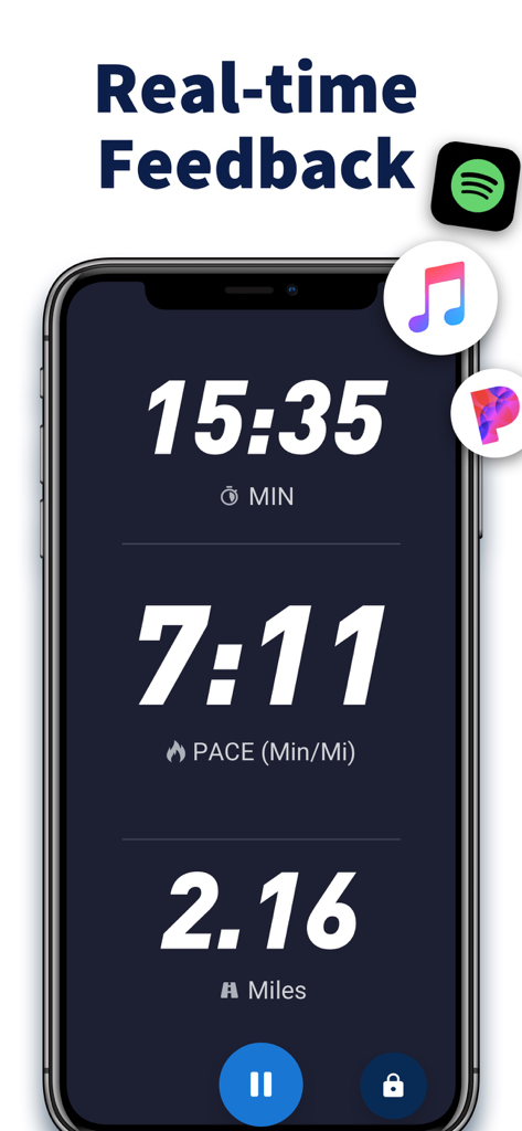 Running App - Run Tracker - 音楽統合アイコンを備えたリアルタイムのペース、距離、時間追跡を表示するランニングアプリインターフェース