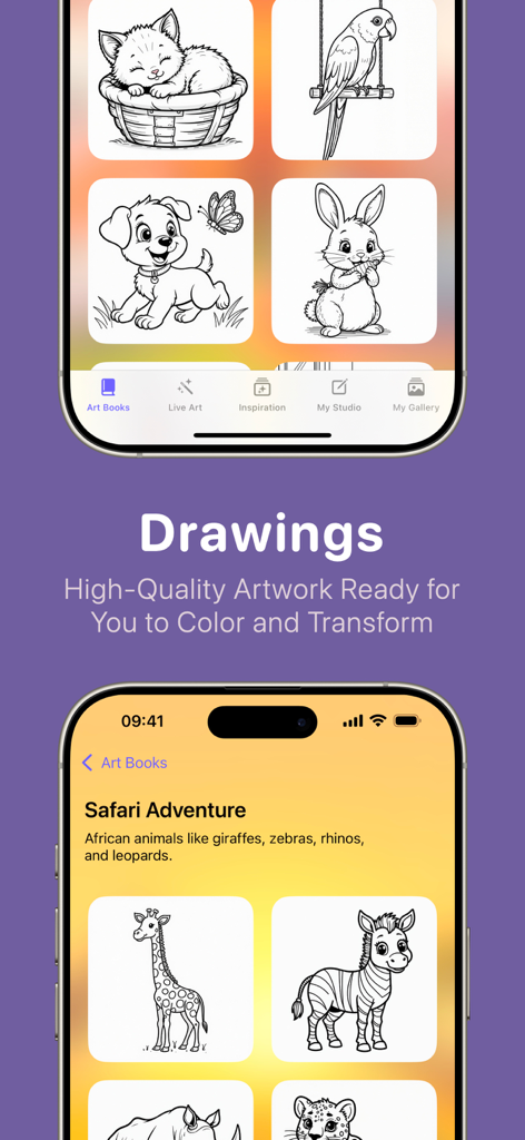 Kala: AI Art Coloring Book - High quality animal line art illustrations in the Kala AI coloring book app
