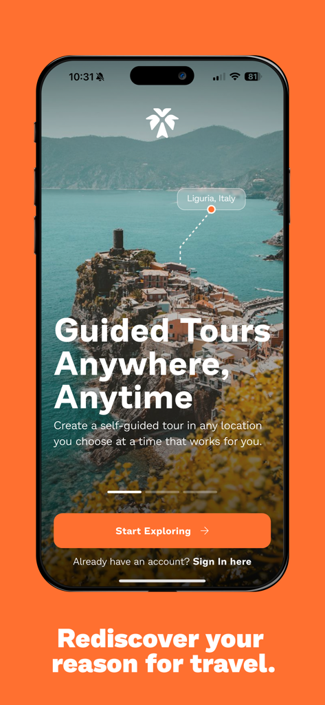 MyGuideGuru: Audio Tours - MyGuideGuru app screen showing guided tours anywhere anytime with a coastal Italy background