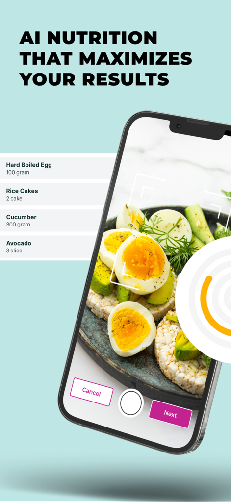 FASTer Way to Fat Loss - Un smartphone mostrando la aplicación FASTer Way utilizando IA para identificar y rastrear automáticamente alimentos a partir de una foto de una comida.