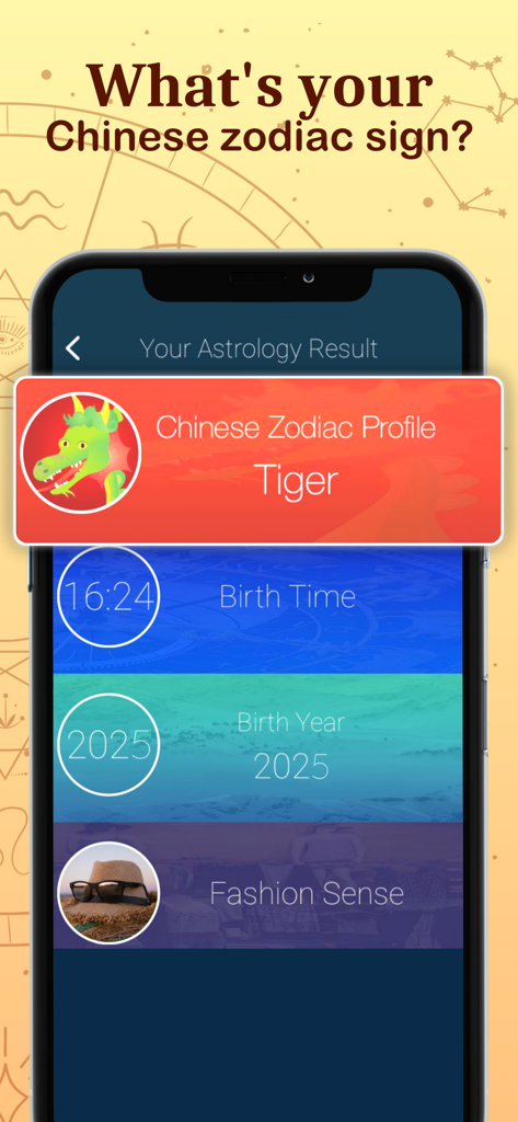 A mobile app screen showing a Chinese Zodiac Tiger profile and astrology results.