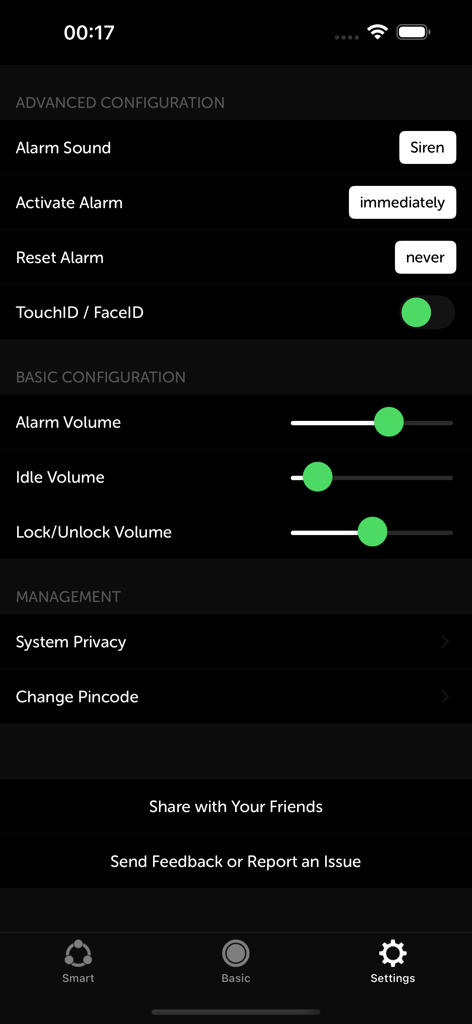 Pantalla de configuración de la aplicación iAntiTheft mostrando la configuración del sonido y el volumen de la alarma
