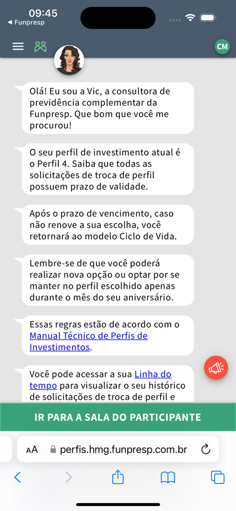 Funpresp 앱에서 투자 프로필 옵션을 설명하는 가상 비서 Vic과의 채팅 인터페이스