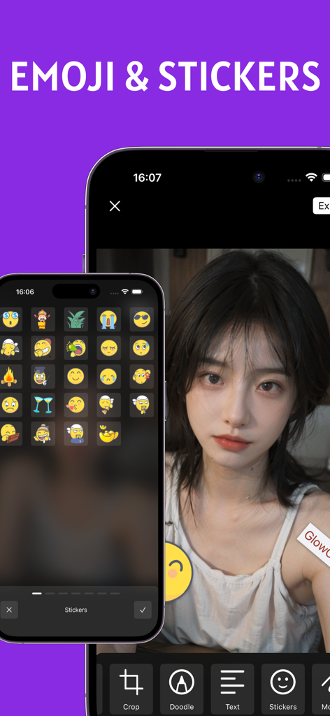 GlowCam app interface showing a variety of emojis and stickers to add to selfies